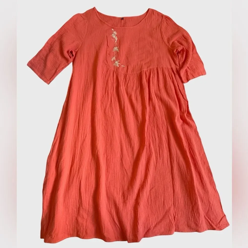 Women's Floral Embroidered Orange Gauze Midi Dress 5XL Crinkle Textured Summer